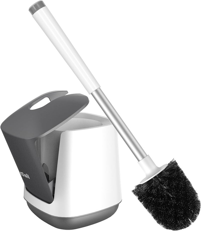 SetSail Toilet Brush and Holder, Self Closing Lid Toilet Bowl Brushes Holder and Extra Long Handle Ventilated Toilet Brush Set for Bathroom Cleaning, Nylon Bristles, White & Grey - Image 1